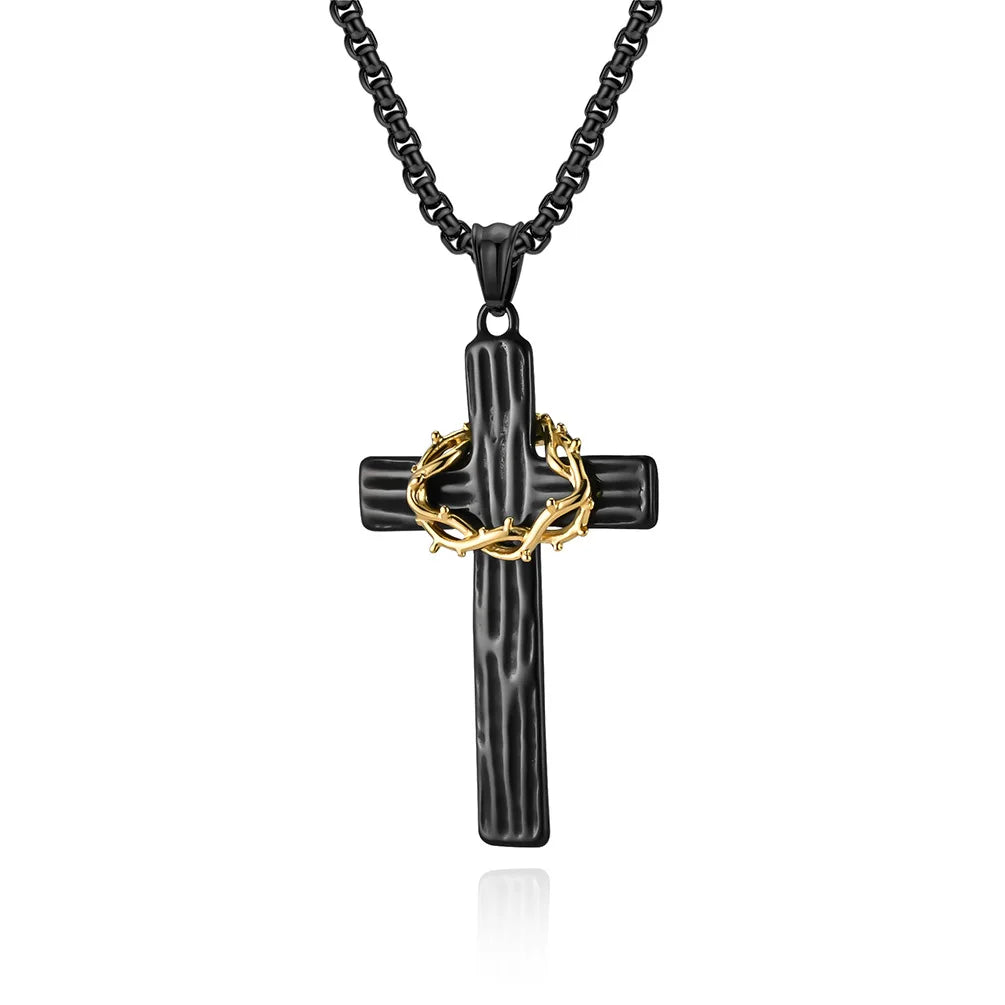 Men Jesus Christ Cross Necklace Stainless Steel Pendant Chain Crown of Thorns