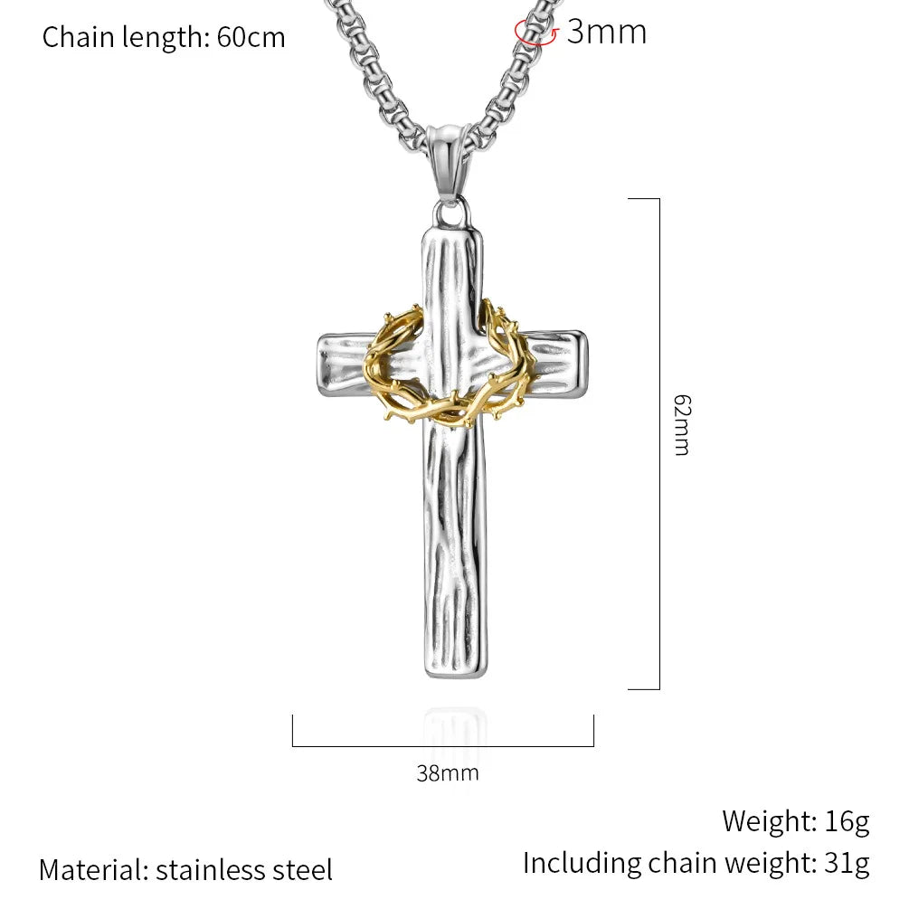 Men Jesus Christ Cross Necklace Stainless Steel Pendant Chain Crown of Thorns