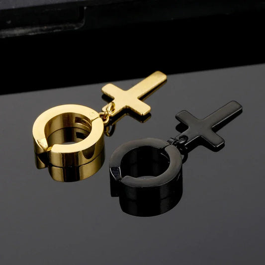 2 Pcs Stainless Steel Clip on Non Piercing Earrings for Women Men Black Gold Color Cross Gothic Punk Rock Drop Pendiente Jewelry