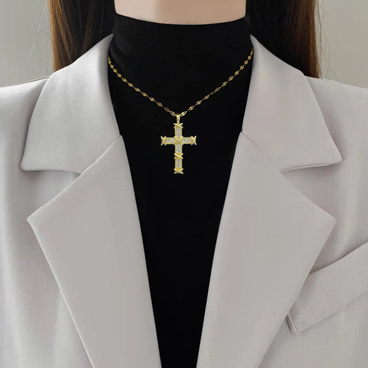 Classic Personality Micro-Inlaid Cross Thorn Cross Necklace Fashionable and Exquisite Girls Stainless Steel Dinner Gift