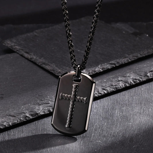 Chunky Cross Textured Stainless Steel Dog Tag Necklaces for Men,Heavy US Military Dogtag Religion Faith Pendant Wheat Chain